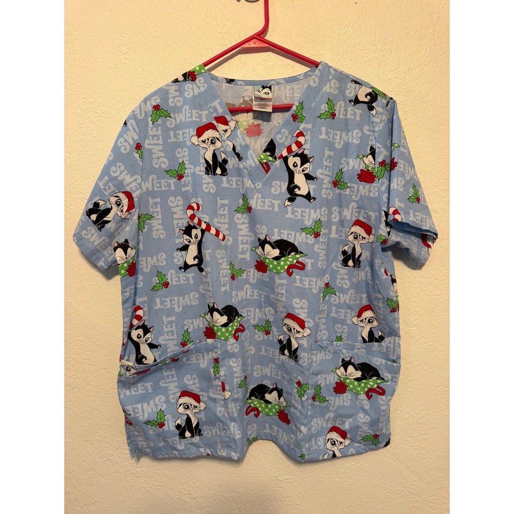 Warner Bros Looney Tunes Penelope Pussycat Christmas Scrub Top Blue Large